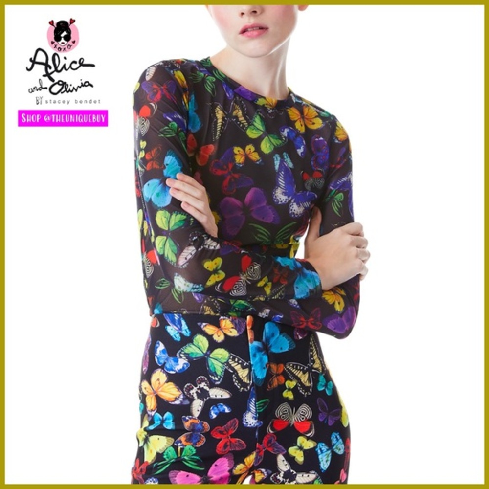 Alice + Olivia Delaina Butterfly Long Sleeve Black Multi Mesh Crop Top